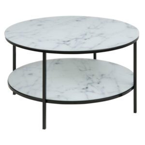 Arcata White Marble Glass Coffee Table With Black Steel Frame