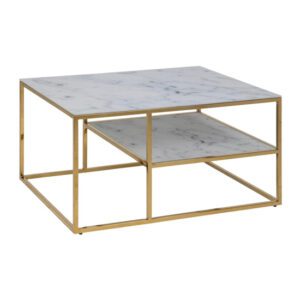 Arcata White Marble Glass Shelves Coffee Table With Gold Frame