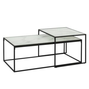 Bemid White Marble Glass Set Of 2 Coffee Table With Black Frame