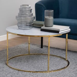 Bemid White Marble Effect Glass Coffee Table With Gold Frame