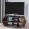 Curved LCD TV Stand In Black Glass Top And Walnut Veneer