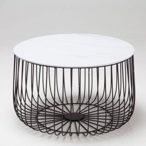Enzi Large Marble Effect Coffee Table With Black Cage Frame In White