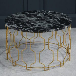 Greco Round Black Marble Effect Coffee Table With Gold Frame