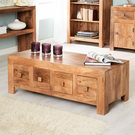 Tinos Mangowood Coffee Table With 8 Drawers In Light Mahogany