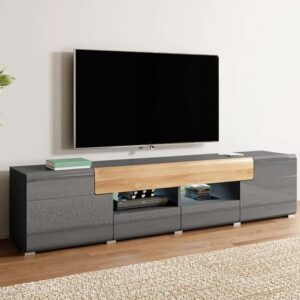 Torino High Gloss TV Stand Wide In Grey And San Remo Oak And LED