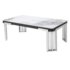 Davos Sintered Stone Coffee Table In White With Silver Frame