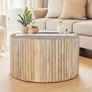Hailey Carved Mango Wood Coffee Table Round In Natural Oak