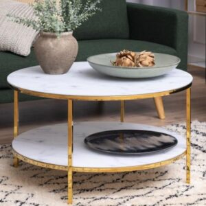 Arcata Glass Round Coffee Table With Shelf In White Marble Effect