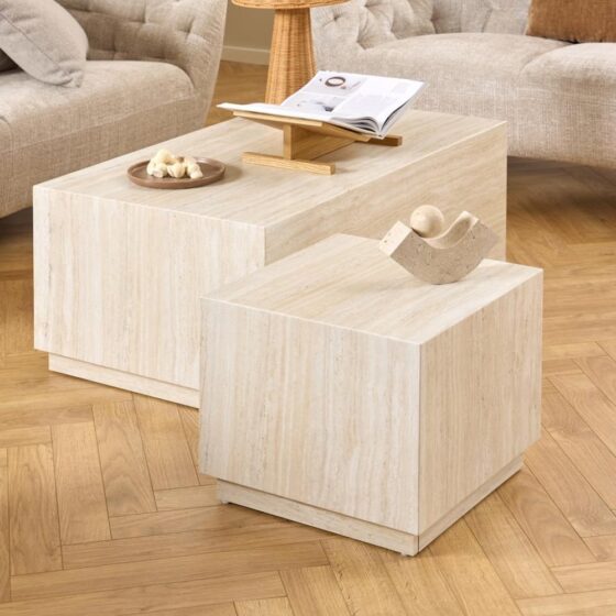 Delft Wooden Nesting Coffee Tables In Travertine