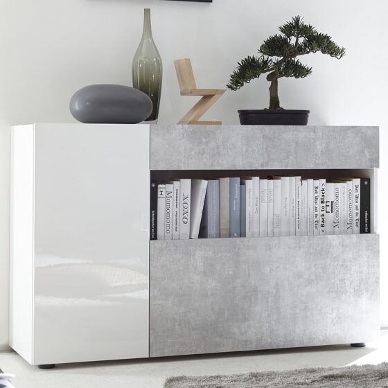 Iris White High Gloss Sideboard With 1 Drawer In Cement