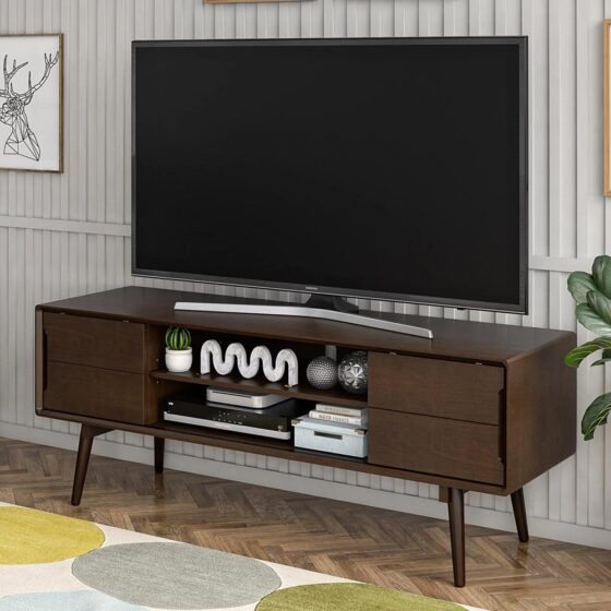 Brittan Wooden TV Stand With 2 Sliding Doors In Walnut