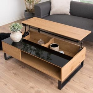 Allegan Wooden Lift Up Coffee Table With Black Glass In Wild Oak
