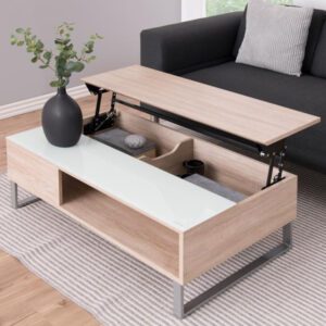 Allegan Wooden Lift Up Coffee Table With White Glass In Sonoma Oak