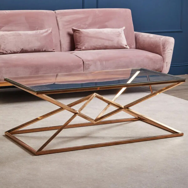 Allston Glass Coffee Table With Corseted Rose Gold Frame
