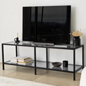 Basako Dark Grey Tempered Glass TV Stand With Black Metal Frame