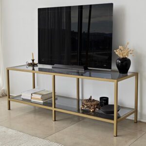 Basako Dark Grey Tempered Glass TV Stand With Gold Metal Frame