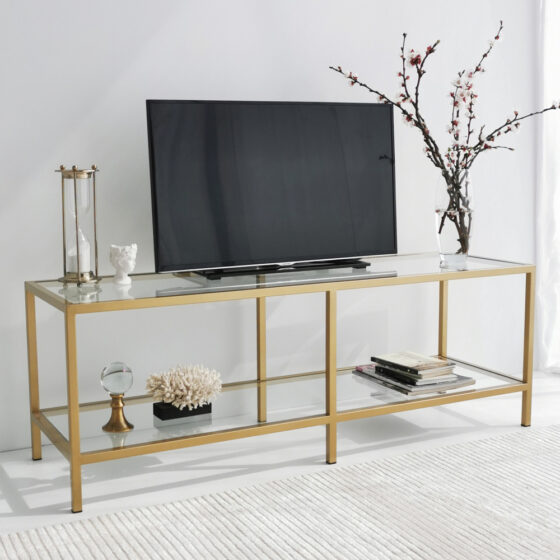 Basako Tempered Glass TV Stand With Gold Metal Frame