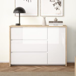 Norfolk Wooden Sideboard With 3 White Gloss Drawers In Hickory
