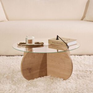 Aerio Clear Tempered Glass Coffee Table with Sapphire Oak Wooden Base