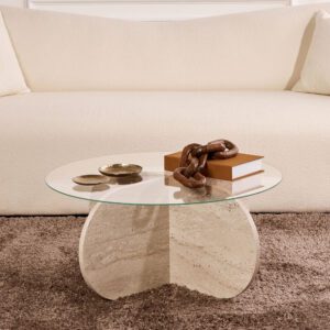 Aerio Clear Tempered Glass Coffee Table with Travertine Marble Effect